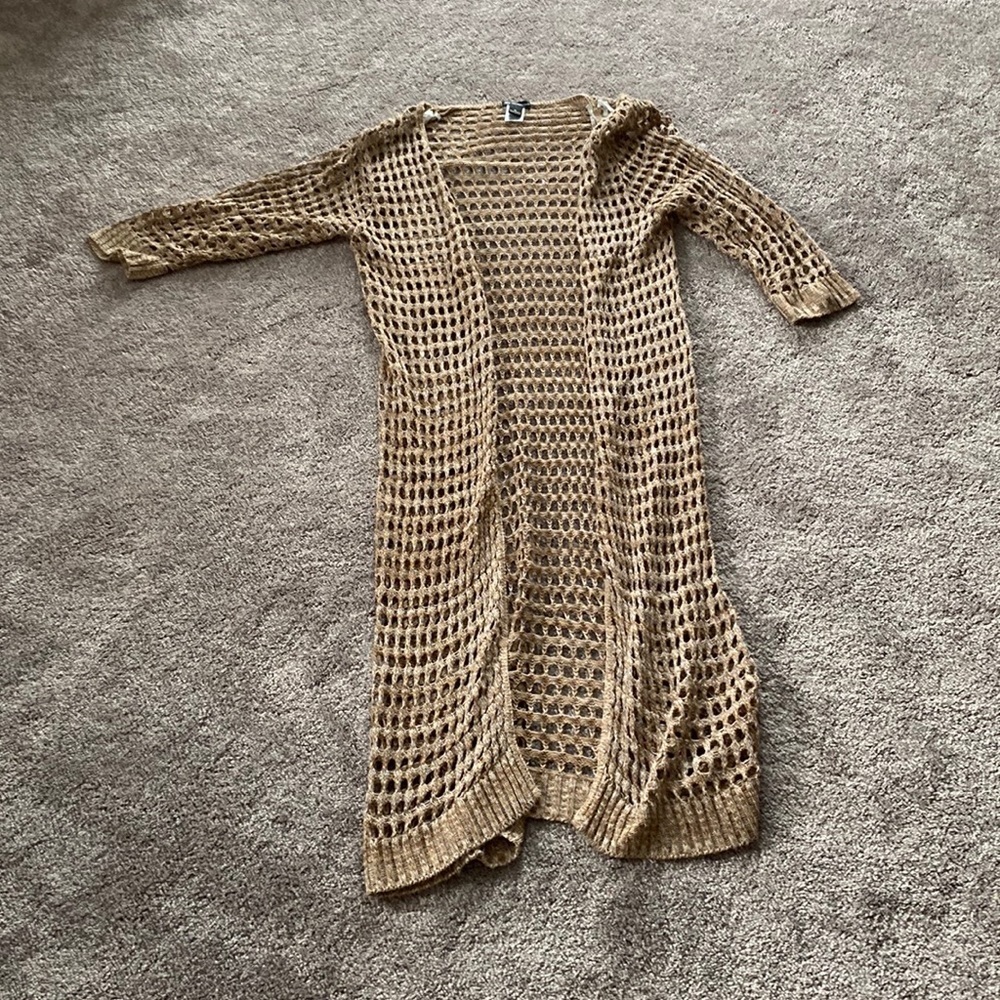 New Directions Tan Open Crochet Knit Longline Duster Cardigan Sweater SIZE XL